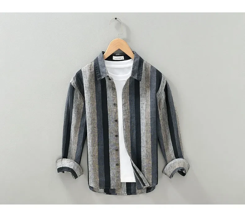 Camisa de lino de manga larga a rayas con colores a juego
