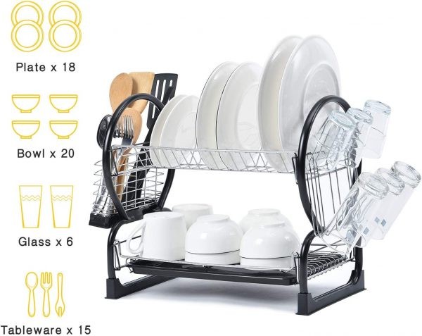 Escurreplatos de acero inoxidable de dos niveles con soporte para utensilios y ganchos para tazas: el mejor ahorrador de espacio en la cocina.
