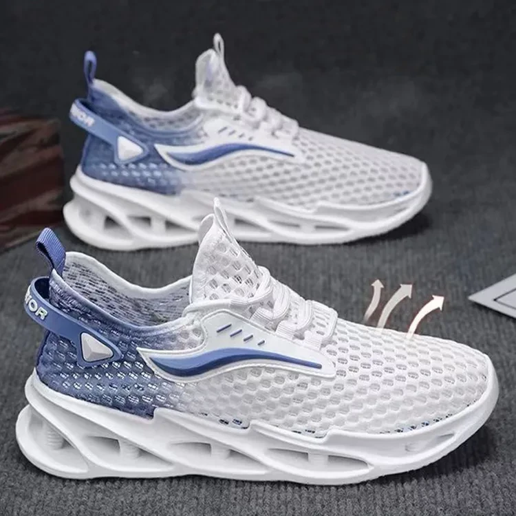 Zapatillas deportivas de malla con cordones para hombre, zapatillas de running bajas con suela hueca a la moda