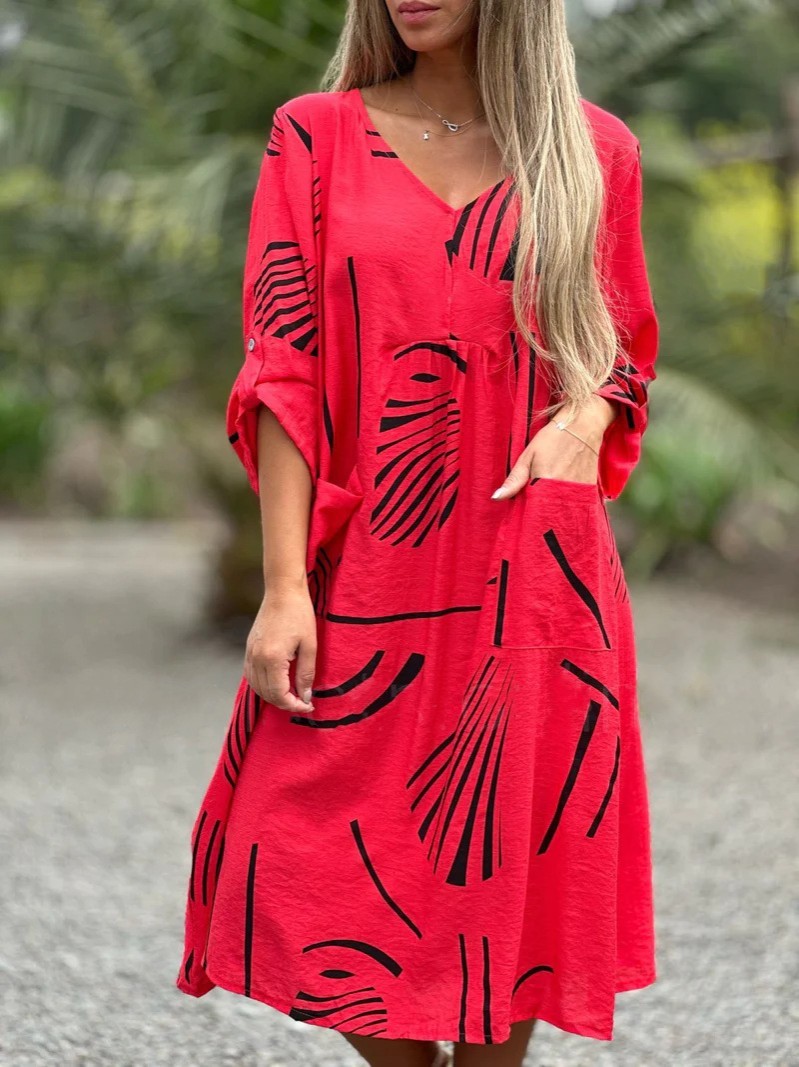 Vestido informal holgado y recto con cuello en V y manga larga