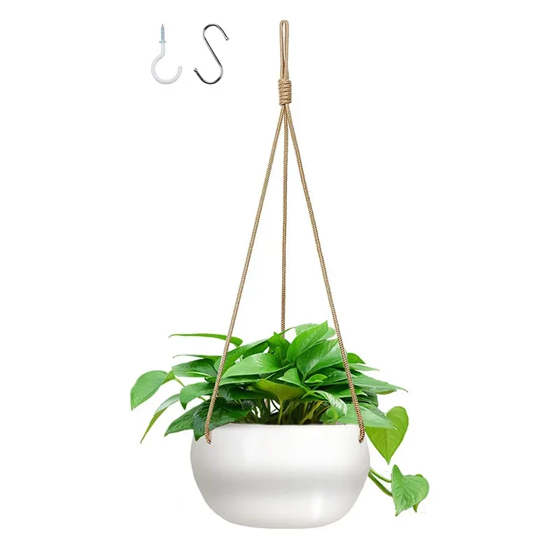 Maceta de cerámica para colgar en la pared, con cuerda de nailon y cáñamo, ideal para sala de estar, plantas verdes y suculentas.