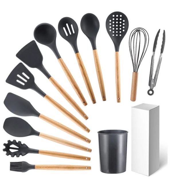 Juego de 12 utensilios de cocina de silicona premium con mangos de madera natural