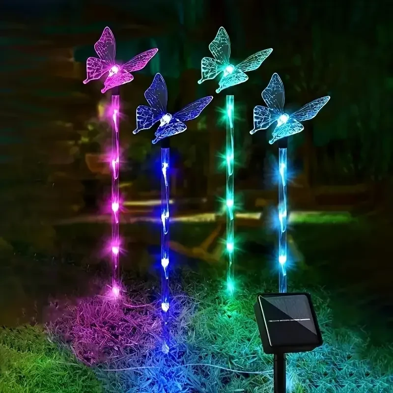 Juego de 4 luces solares de mariposa para jardín: decoración exterior para terraza, parterres y hogar.