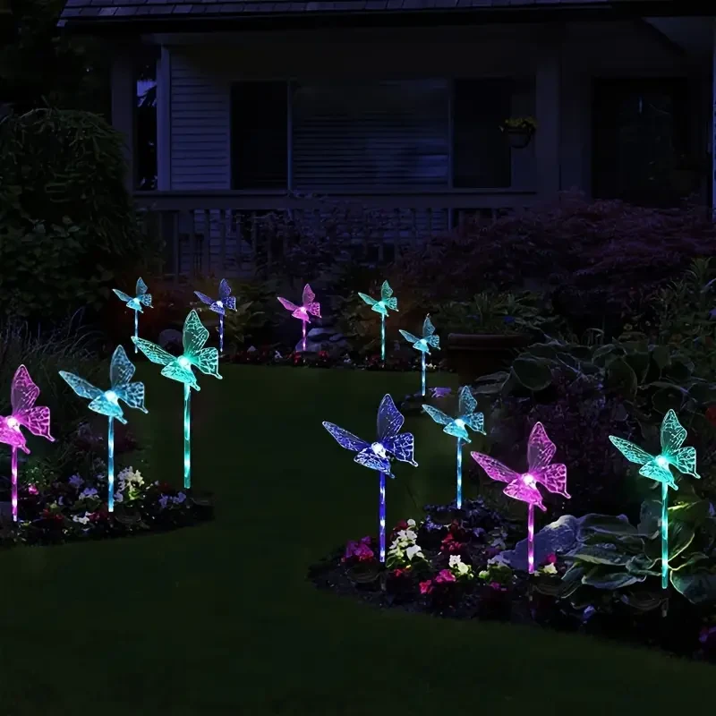 Juego de 4 luces solares de mariposa para jardín: decoración exterior para terraza, parterres y hogar.