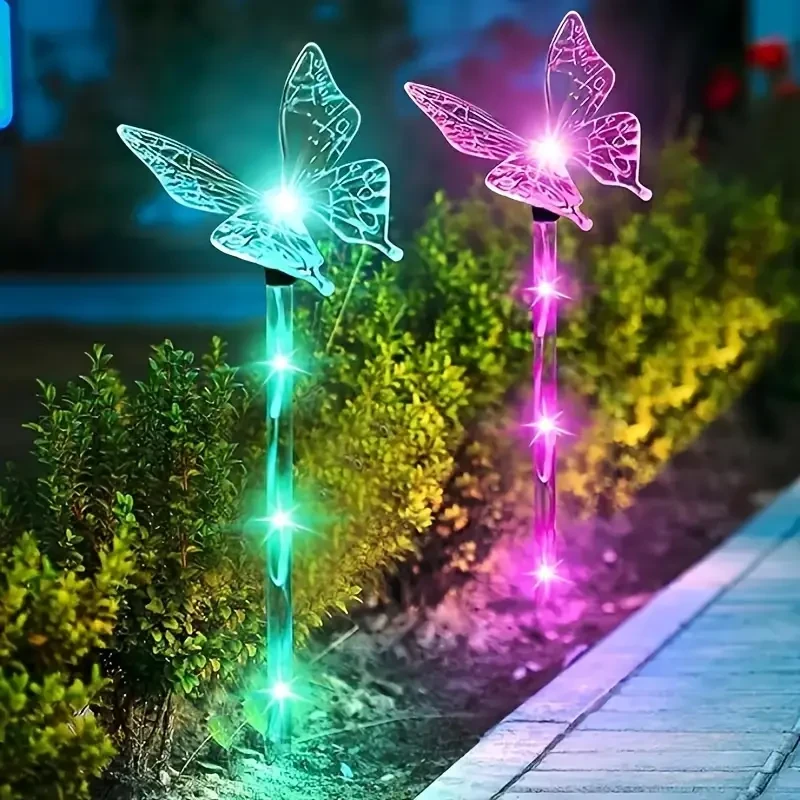 Juego de 4 luces solares de mariposa para jardín: decoración exterior para terraza, parterres y hogar.