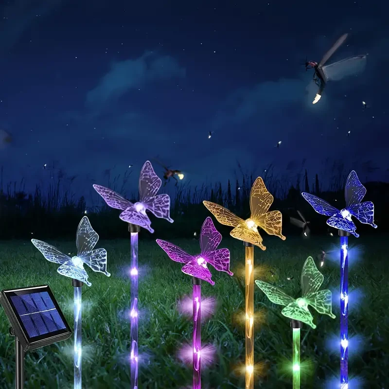Juego de 4 luces solares de mariposa para jardín: decoración exterior para terraza, parterres y hogar.