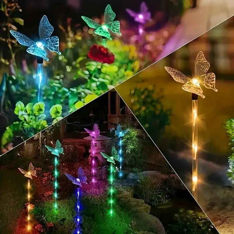 Juego de 4 luces solares de mariposa para jardín: decoración exterior para terraza, parterres y hogar.
