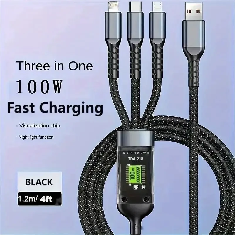 Cable de carga rápida USB-C 3 en 1 de 100 W - Cable de carga micro USB multipuerto para iPhone, Samsung, Xiaomi POCO