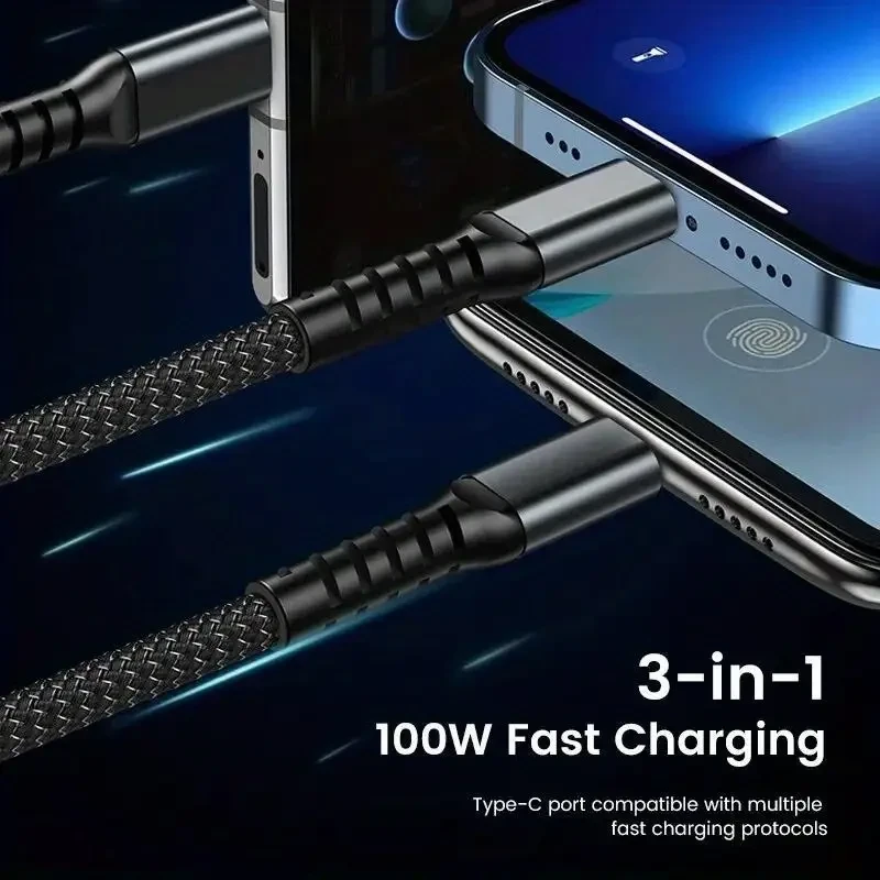 Cable de carga rápida USB-C 3 en 1 de 100 W - Cable de carga micro USB multipuerto para iPhone, Samsung, Xiaomi POCO