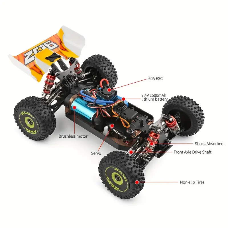 WLtoys XKS 144010 - Coche de control remoto todoterreno de alta velocidad (75 km/h, escala 1/14, 2,4 GHz), 4x4, RTR, con chasis metálico