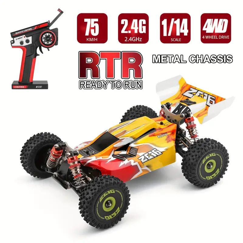 WLtoys XKS 144010 - Coche de control remoto todoterreno de alta velocidad (75 km/h, escala 1/14, 2,4 GHz), 4x4, RTR, con chasis metálico