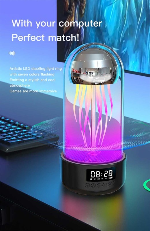 Lámpara de medusas colorida creativa 3 en 1 con altavoz Bluetooth, reloj estéreo y luz de respiración