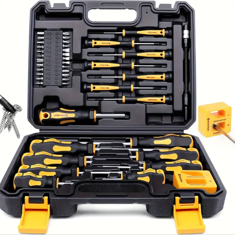 Kit de 43 destornilladores magnéticos con caja que incluye puntas ranuradas, de cruz, hexagonales, de precisión y más.