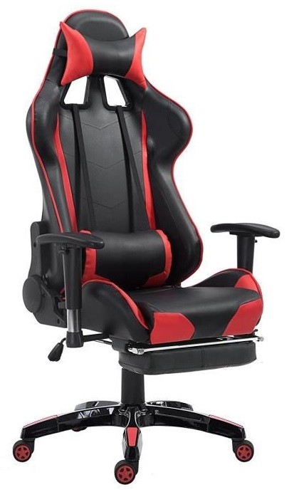 Silla ergonómica para juegos roja con respaldo alto, soporte lumbar y funciones ajustables.