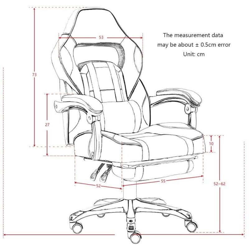 Silla ergonómica para juegos roja con respaldo alto, soporte lumbar y funciones ajustables.