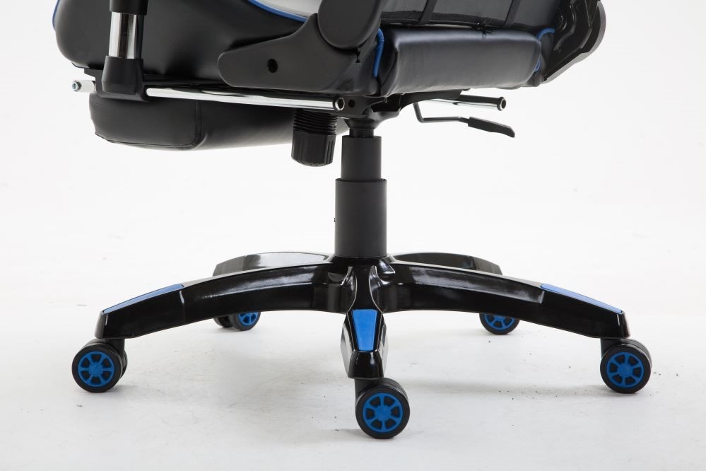 Silla ergonómica para juegos azul con respaldo alto, soporte lumbar y funciones ajustables.