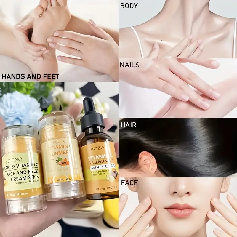 Set de cuidado de la piel ROZINO de cúrcuma y vitamina C de 5 piezas: crema para ojos, crema en barra para rostro y cuello, crema en barra para manos y pies, aceite esencial y crema en barra para rostro y cuello.