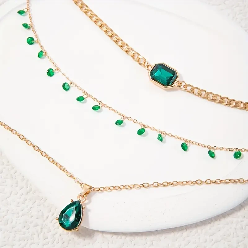 Collar con colgante de piedra preciosa verde de imitación estilo bohemio vintage