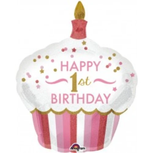 Forma de cupcake de feliz primer cumpleaños para niña