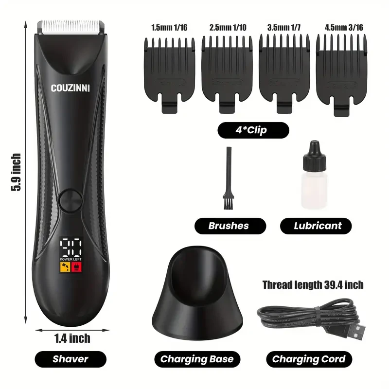 Recortadora corporal inalámbrica 9 en 1 para rostro y cabello con 8 herramientas, accesorios enjuagables, 60 minutos de autonomía, color negro