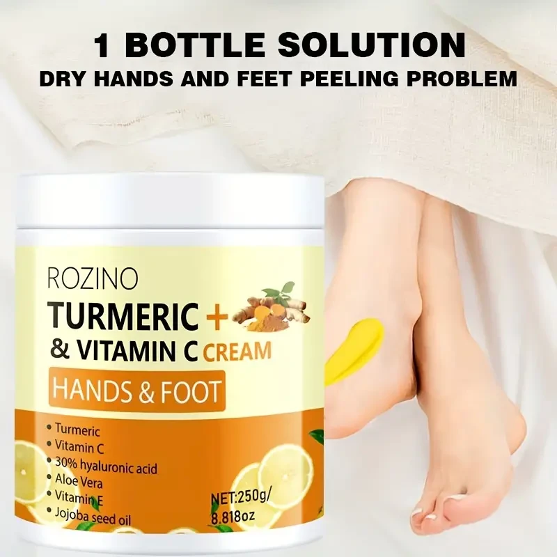 Crema para manos y pies ROZINO con cúrcuma y vitamina C, 250 g - Hidratante hipoalergénico de rápida absorción para piel seca