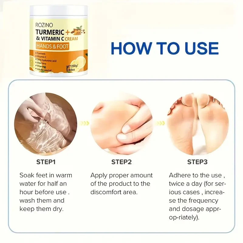 Crema para manos y pies ROZINO con cúrcuma y vitamina C, 250 g - Hidratante hipoalergénico de rápida absorción para piel seca