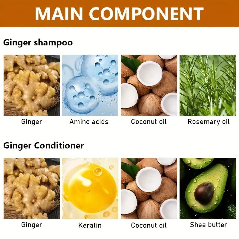 Set de champú y acondicionador de jengibre ROZINO: hidratación y limpieza profunda para un cabello suave y sedoso.