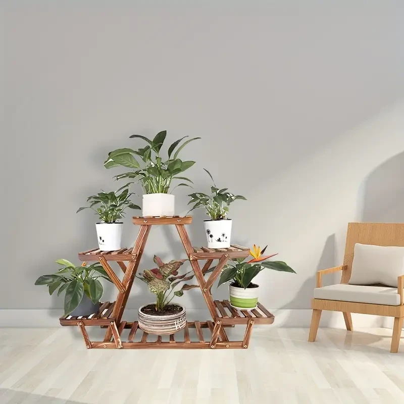 Soporte de madera para plantas de 6 niveles: expositor de madera carbonizada resistente al agua para uso en interiores y exteriores.