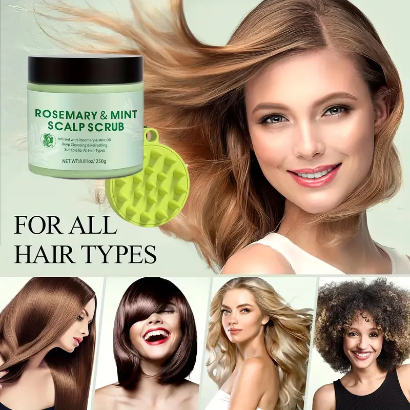 Exfoliante capilar de romero y menta - Champú de limpieza profunda con masajeador para todo tipo de cabello (250 g)