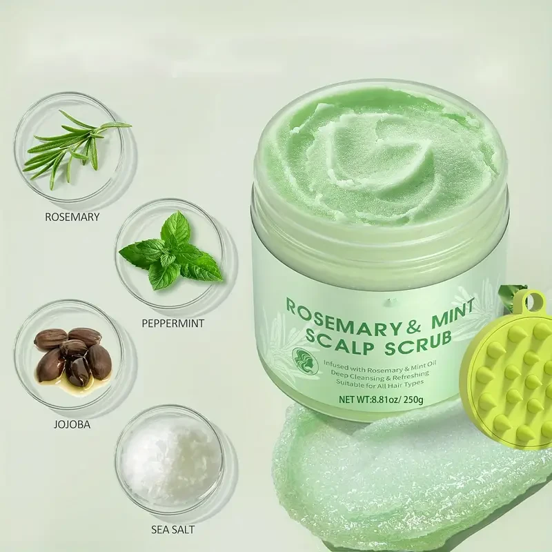 Exfoliante capilar de romero y menta - Champú de limpieza profunda con masajeador para todo tipo de cabello (250 g)