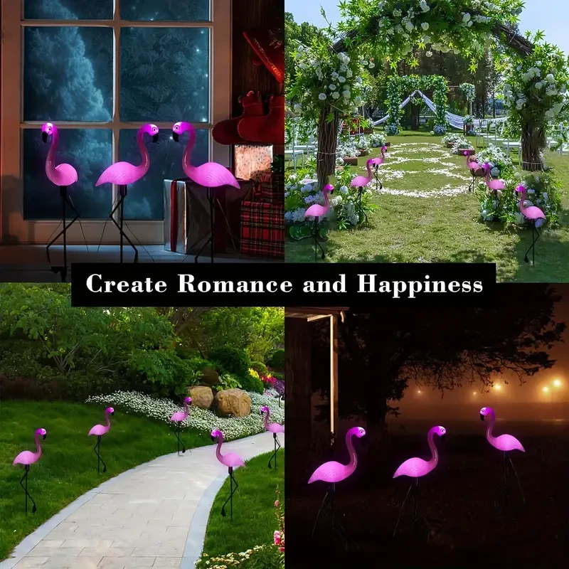 3 luces solares de flamenco para jardín - Luces LED rosas con forma de estaca para jardín, césped, patio y caminos