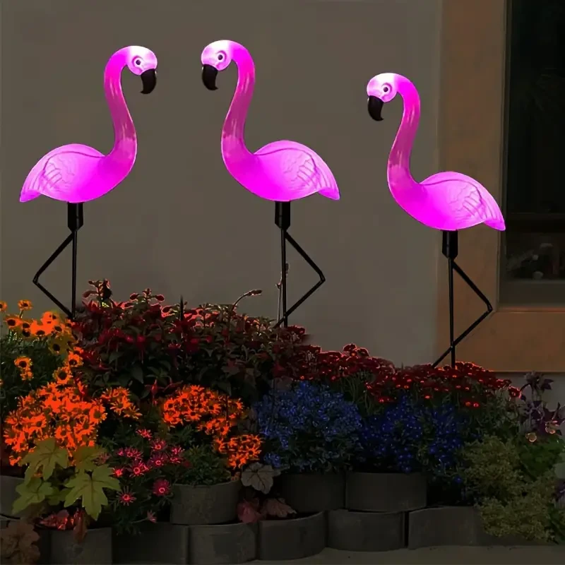 3 luces solares de flamenco para jardín - Luces LED rosas con forma de estaca para jardín, césped, patio y caminos
