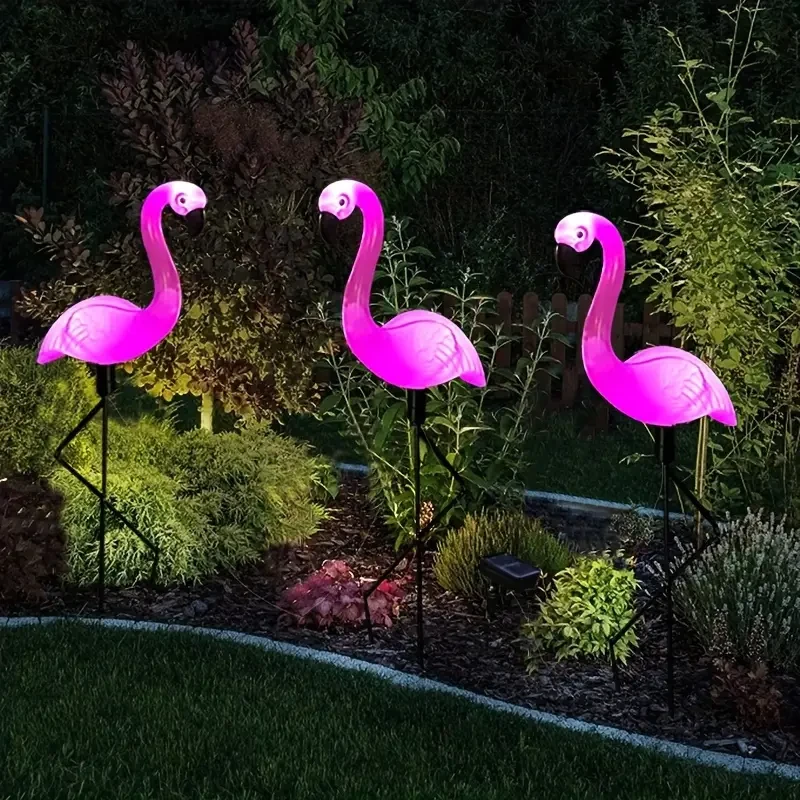 3 luces solares de flamenco para jardín - Luces LED rosas con forma de estaca para jardín, césped, patio y caminos