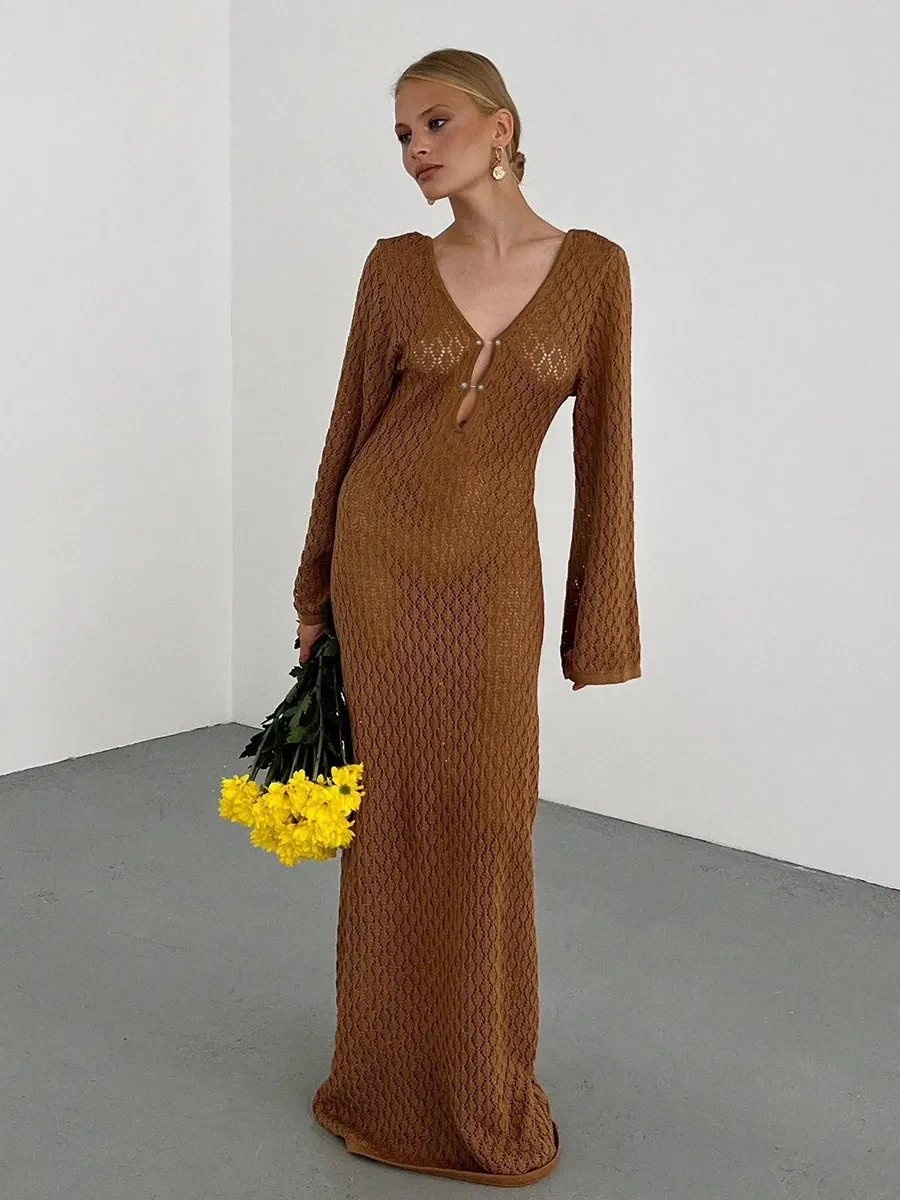 Blusa de traje de baño de playa ahuecada de punto de color sólido, falda de mujer a prueba de sol