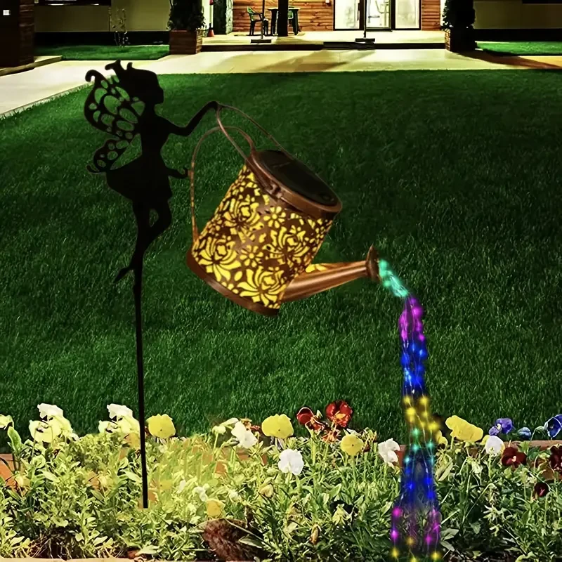 Luces solares para regadera con cadena LED - Estaca de silueta de hada de metal para jardín, patio y césped