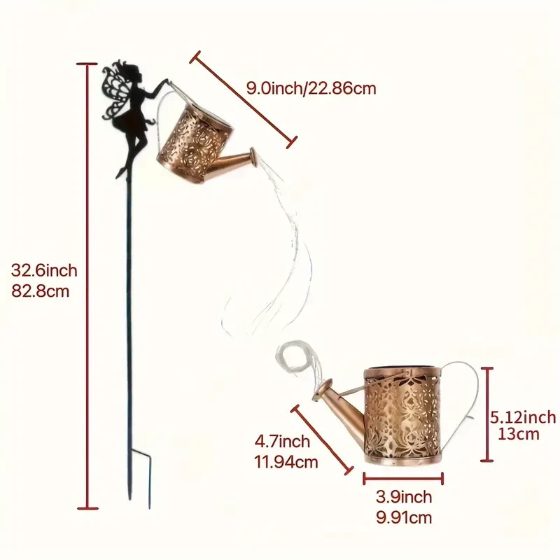 Luces solares para regadera con cadena LED - Estaca de silueta de hada de metal para jardín, patio y césped