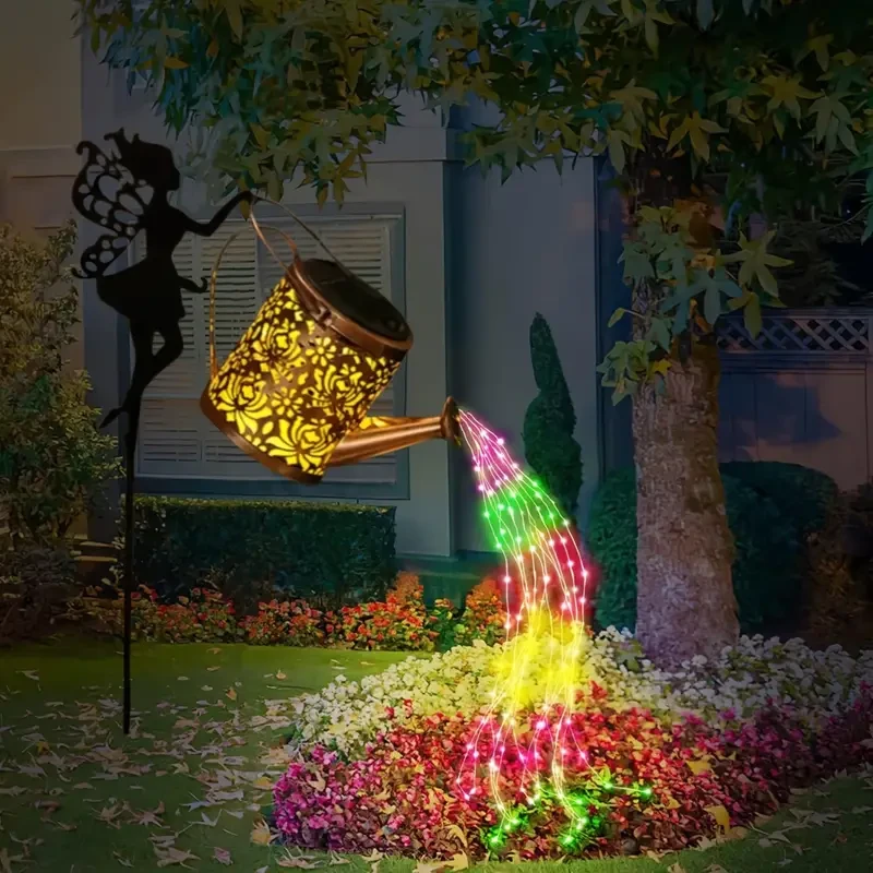 Luces solares para regadera con cadena LED - Estaca de silueta de hada de metal para jardín, patio y césped