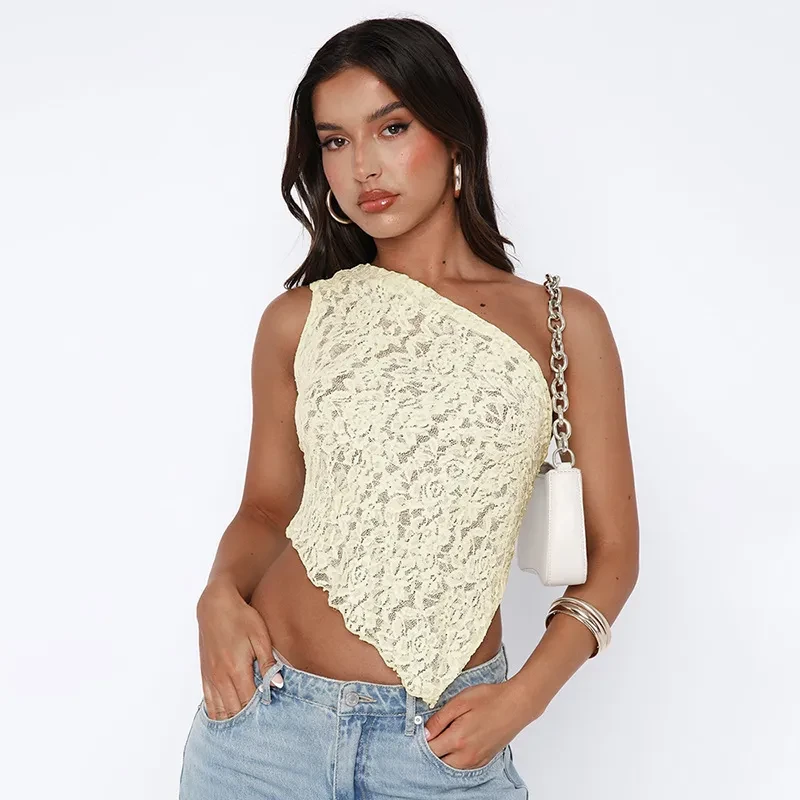 Top de encaje sin espalda de verano de color liso sin cintura asimétrico con cuello inclinado
