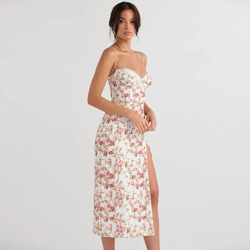 Vestido largo con estampado de flores de encaje, sexy, a la moda, con abertura y tirantes