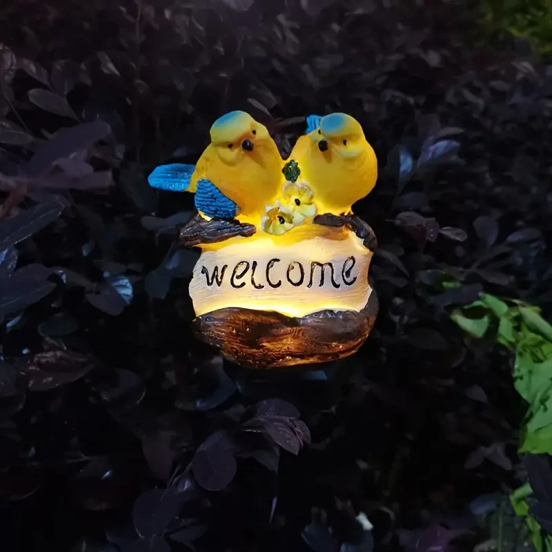 Lámpara LED solar para jardín de pájaros con letrero de bienvenida - Estaca de resina para decoración de césped exterior