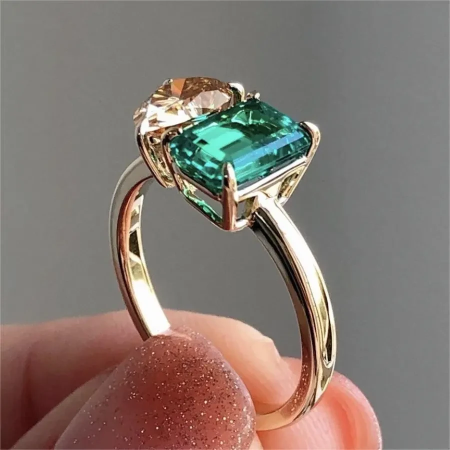 Anillo de piedra cuadrada con circonita verde y amarilla para dama, joyería creativa de moda con doble piedra principal