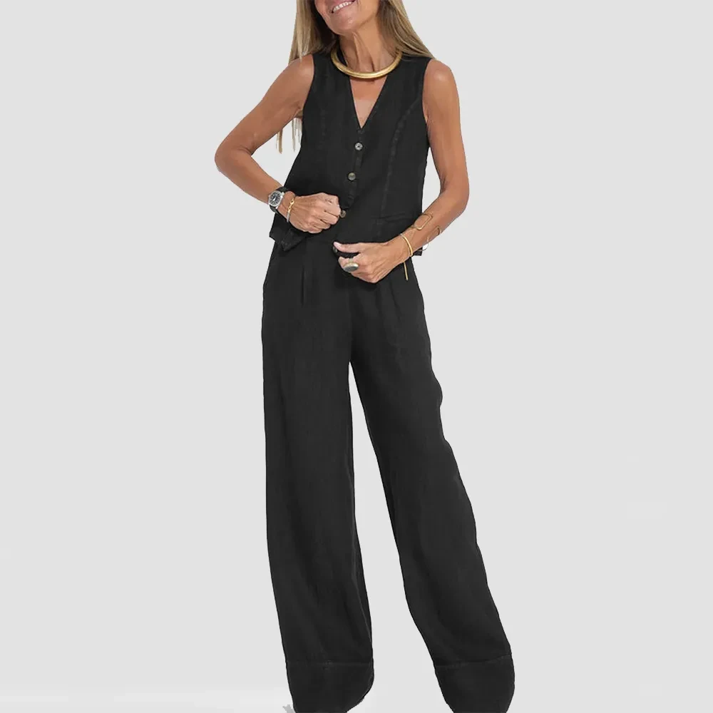 Trajes de chaleco de verano con cuello en V, blusa sin mangas y pantalones rectos sueltos.