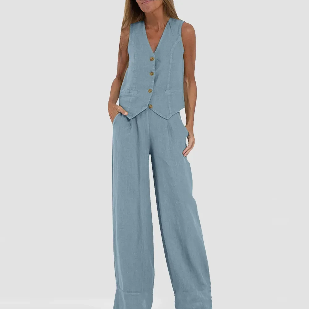 Trajes de chaleco de verano con cuello en V, blusa sin mangas y pantalones rectos sueltos.