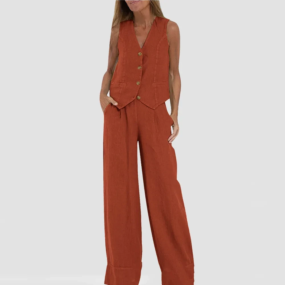 Trajes de chaleco de verano con cuello en V, blusa sin mangas y pantalones rectos sueltos.