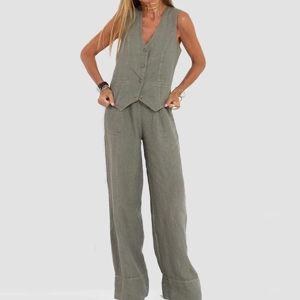 Trajes de chaleco de verano con cuello en V, blusa sin mangas y pantalones rectos sueltos.