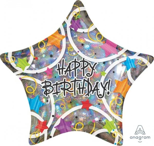 Globo de aluminio - Estrella holográfica estándar autosellable (Feliz cumpleaños)