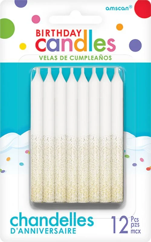 Velas blancas y doradas con purpurina, 8 cm - Paquete de (12)