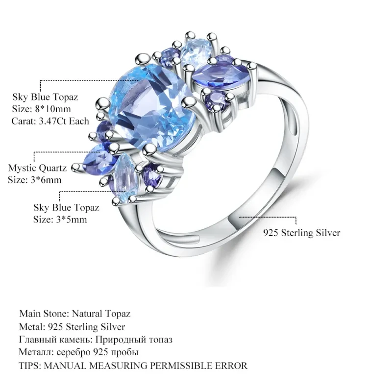 Anillo de topacio natural en plata de ley S925 con piedras preciosas, elegante y llamativa, color azul.