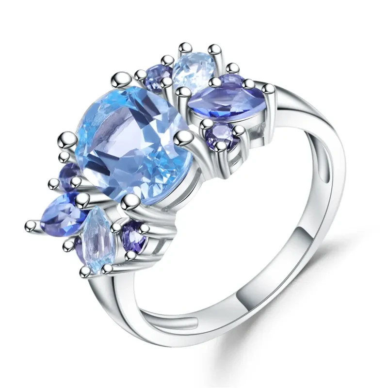 Anillo de topacio natural en plata de ley S925 con piedras preciosas, elegante y llamativa, color azul.
