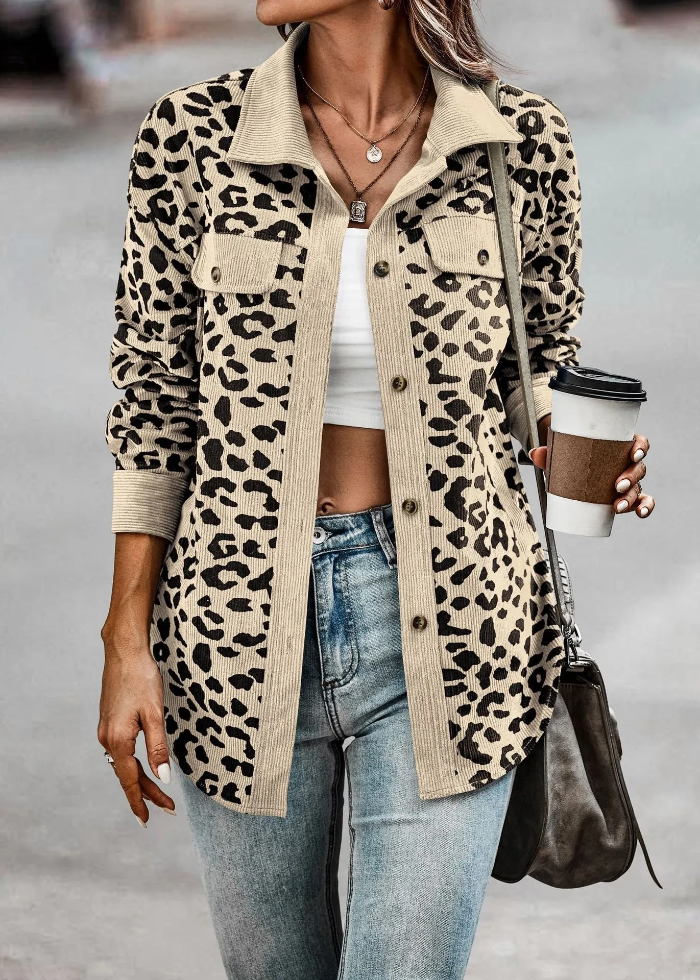 Chaqueta de manga larga con botones y estampado de leopardo para mujer